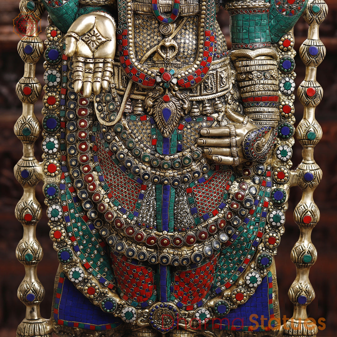 Brass Tirupati Balaji Idol, Venkateshwara Standing, Intricate Stone Work 46.5"