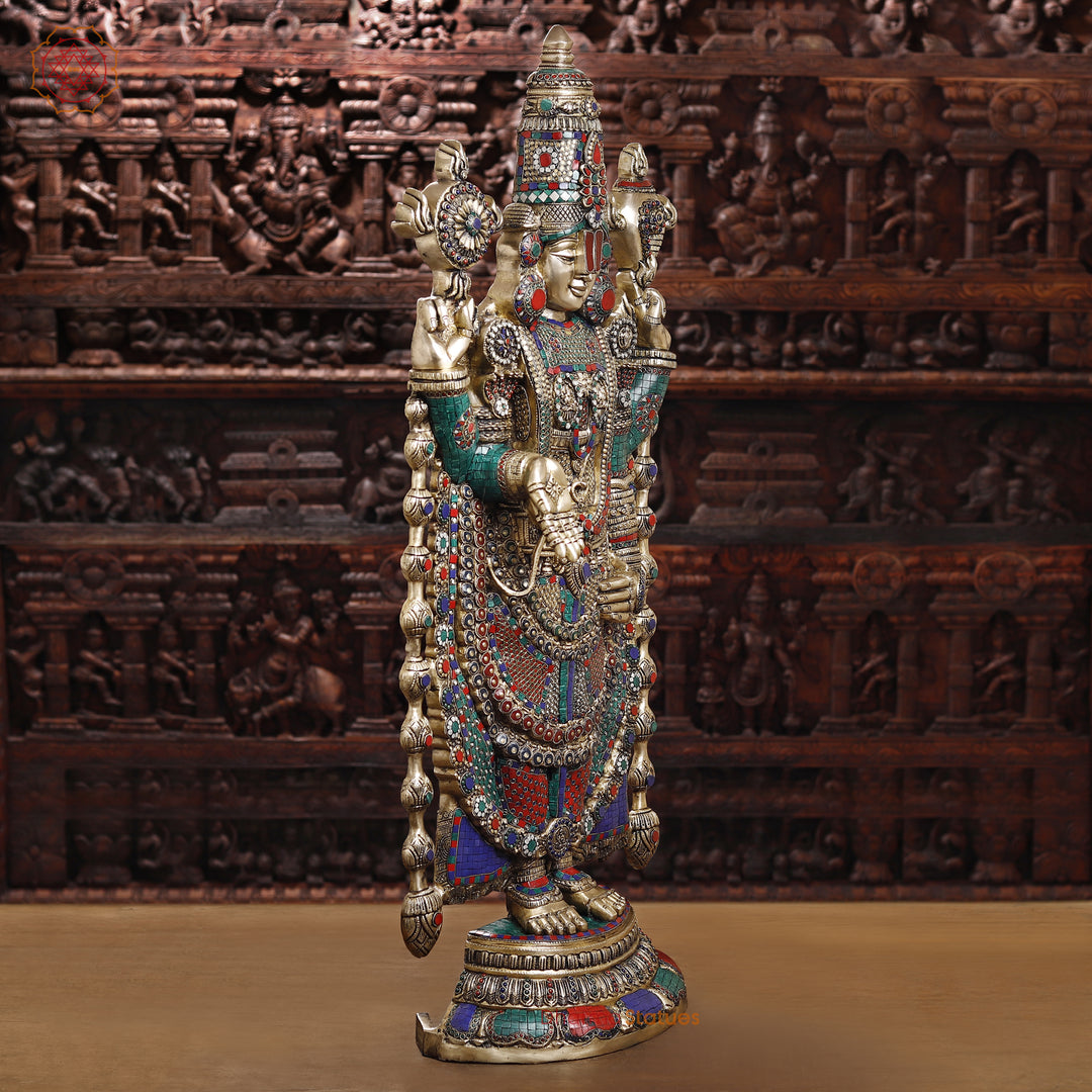 Brass Tirupati Balaji Idol, Venkateshwara Standing, Intricate Stone Work 46.5"