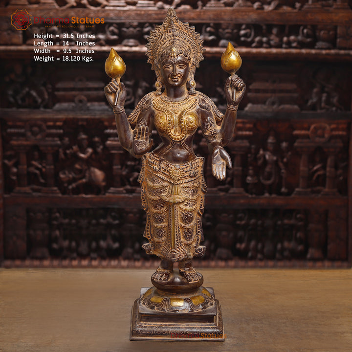 Brass Lakshmi Statue, Fine Golden & Brown Finish 31.5"