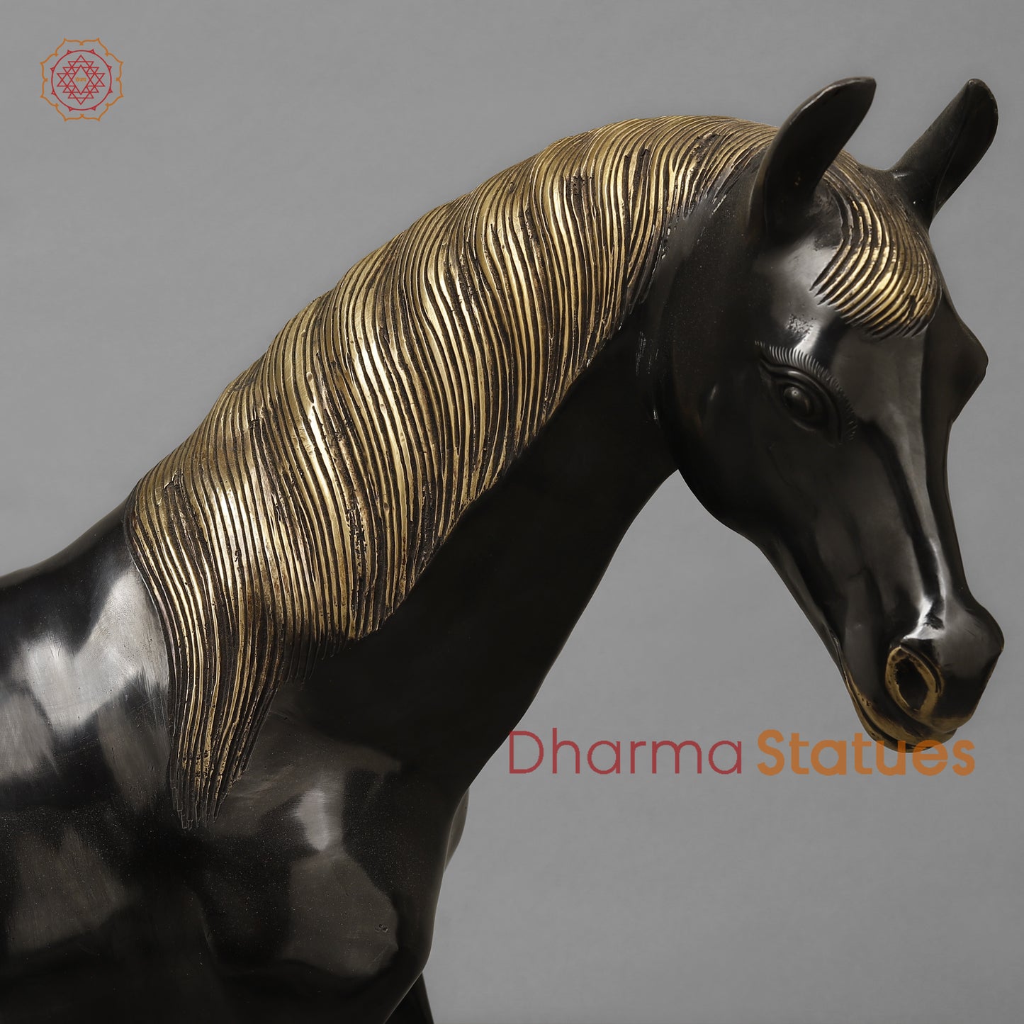 Brass Horse Standing, Black Patina & Golden Finish, 18.5"