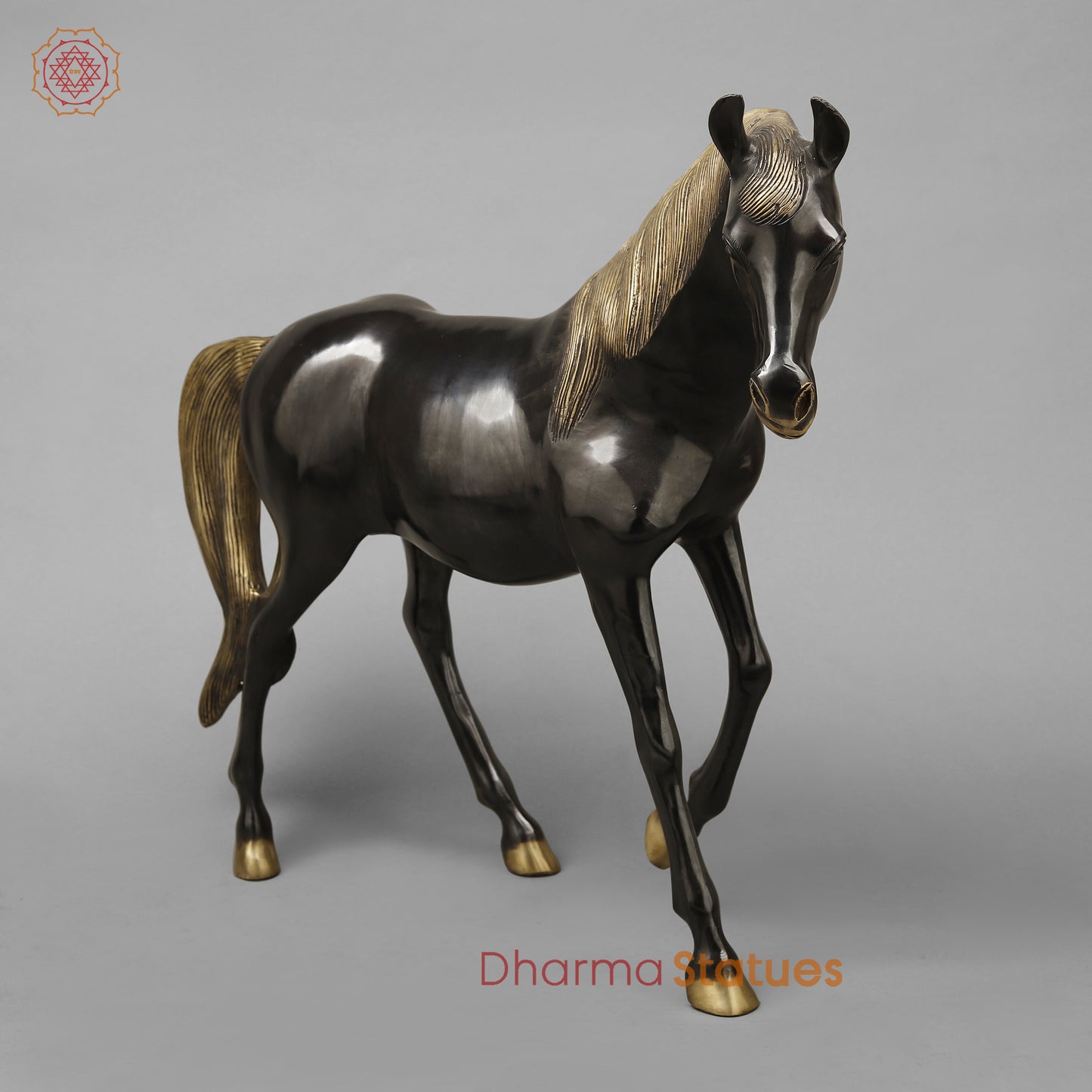 Brass Horse Standing, Black Patina & Golden Finish, 18.5"