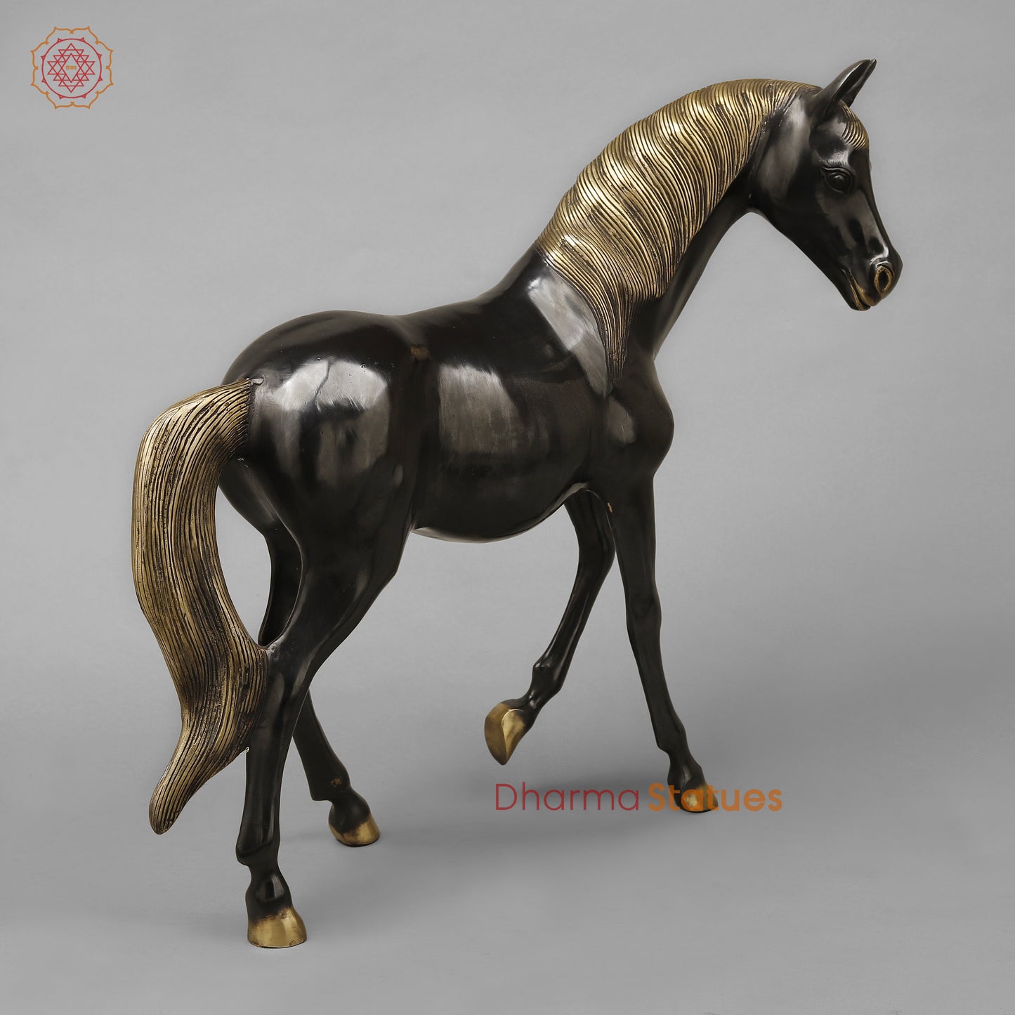 Brass Horse Standing, Black Patina & Golden Finish, 18.5"