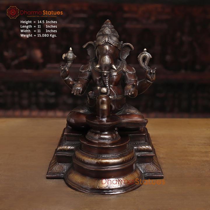 Brass Lingam Ganesh Idol, Lord Ganesh Statue, Copper Finish 14.5" Front View