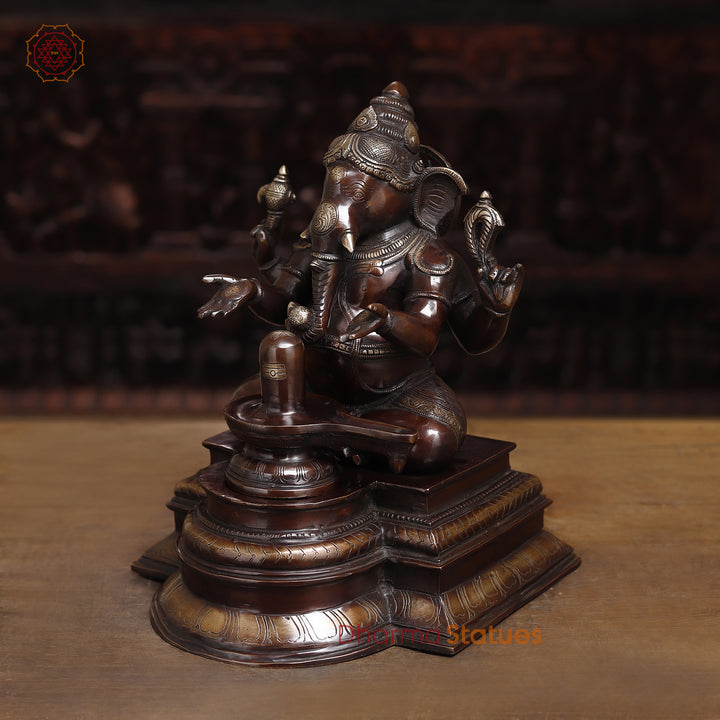 Brass Lingam Ganesh Idol, Lord Ganesh Statue, Copper Finish 14.5"