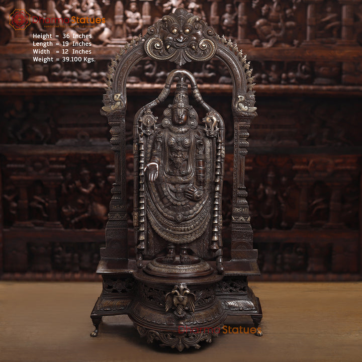 Brass Tirupati Balaji Statue, Lord Venkateshwara, Fine Brown & Antique 36" Front View