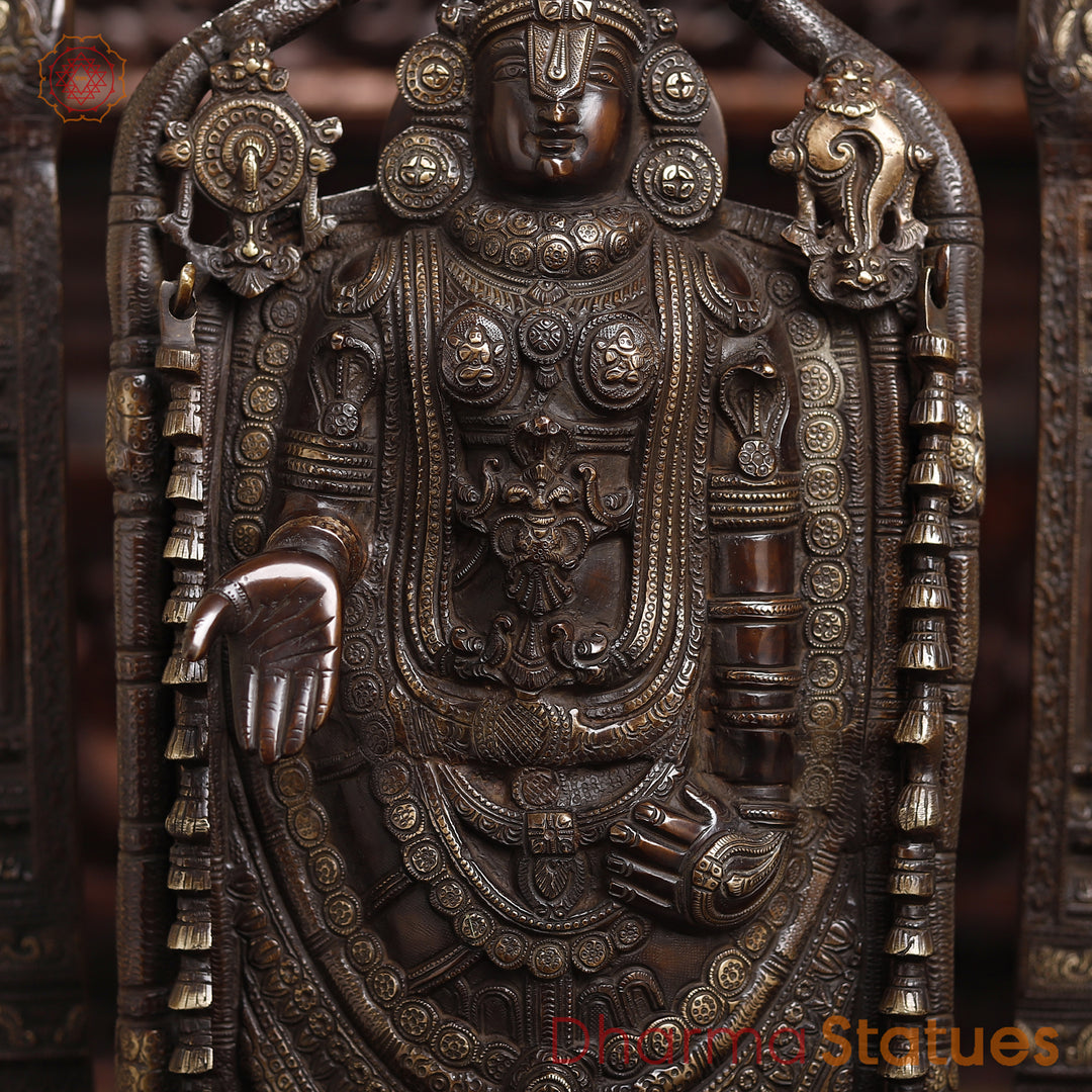 Brass Tirupati Balaji Statue, Standing Prabhavali Frame, Antique Finish 36"