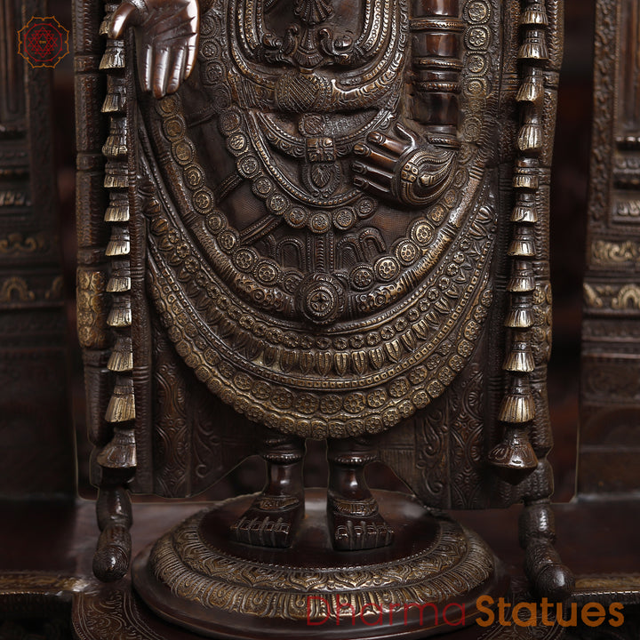 Brass Tirupati Balaji Statue, Standing Prabhavali Frame, Antique Finish 36"