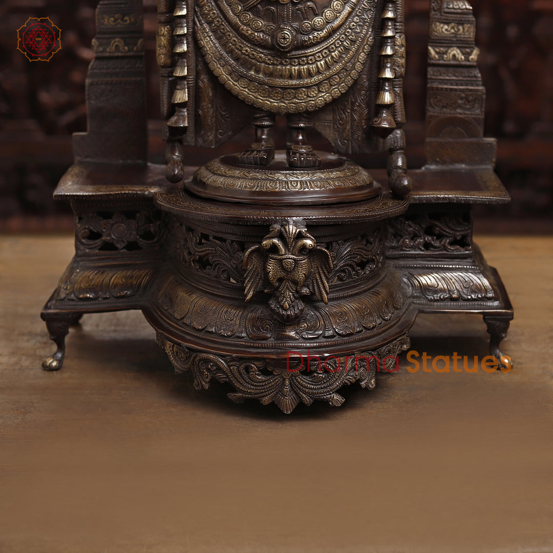 Brass Tirupati Balaji Statue, Standing Prabhavali Frame, Antique Finish 36"