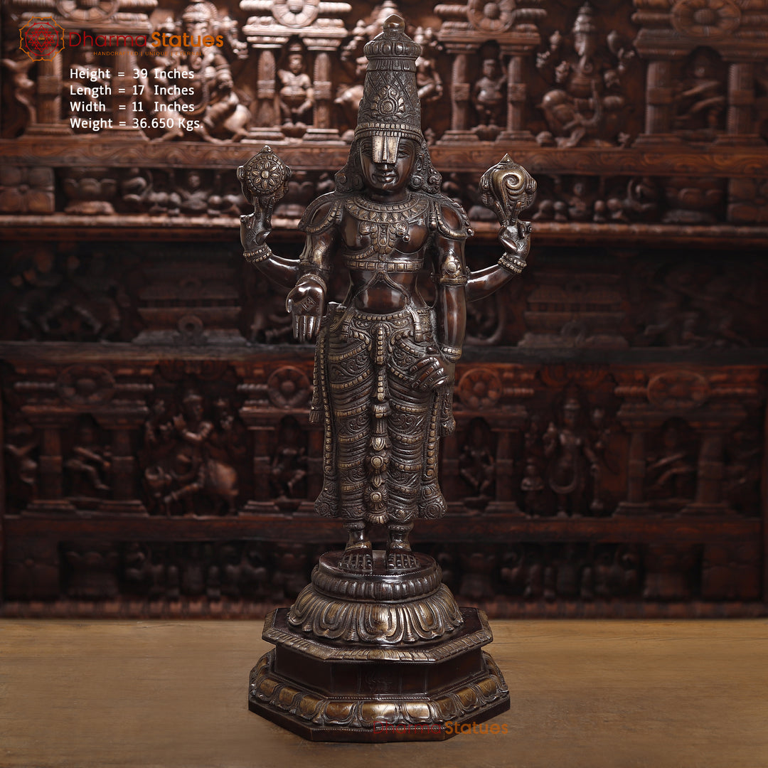 Brass Tirupati Balaji Statue, Lord Venkateshwara, Brown & Antique Finish 39" Front View