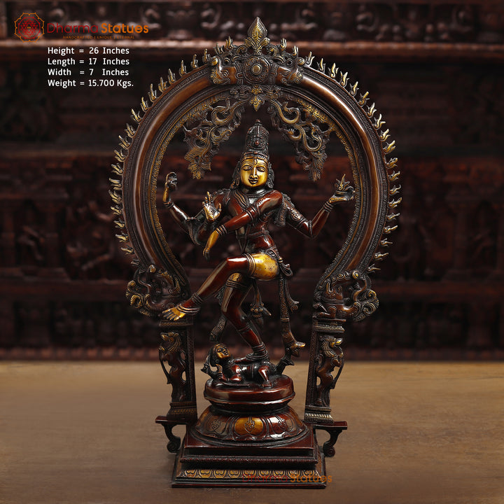 Natraj Brass Statue, Dancing Lord Shiva Idol Bronze & Gold Finish 26" front view