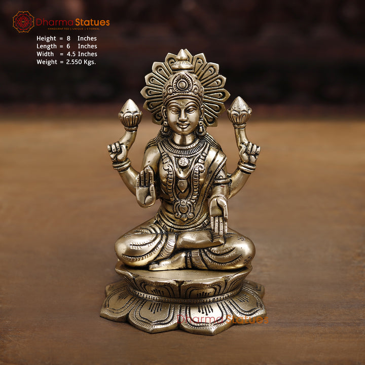 Goddess Lakshmi Brass Idol, Lotus Base, Goddess of Fortune, Golden Fine Finish 8"