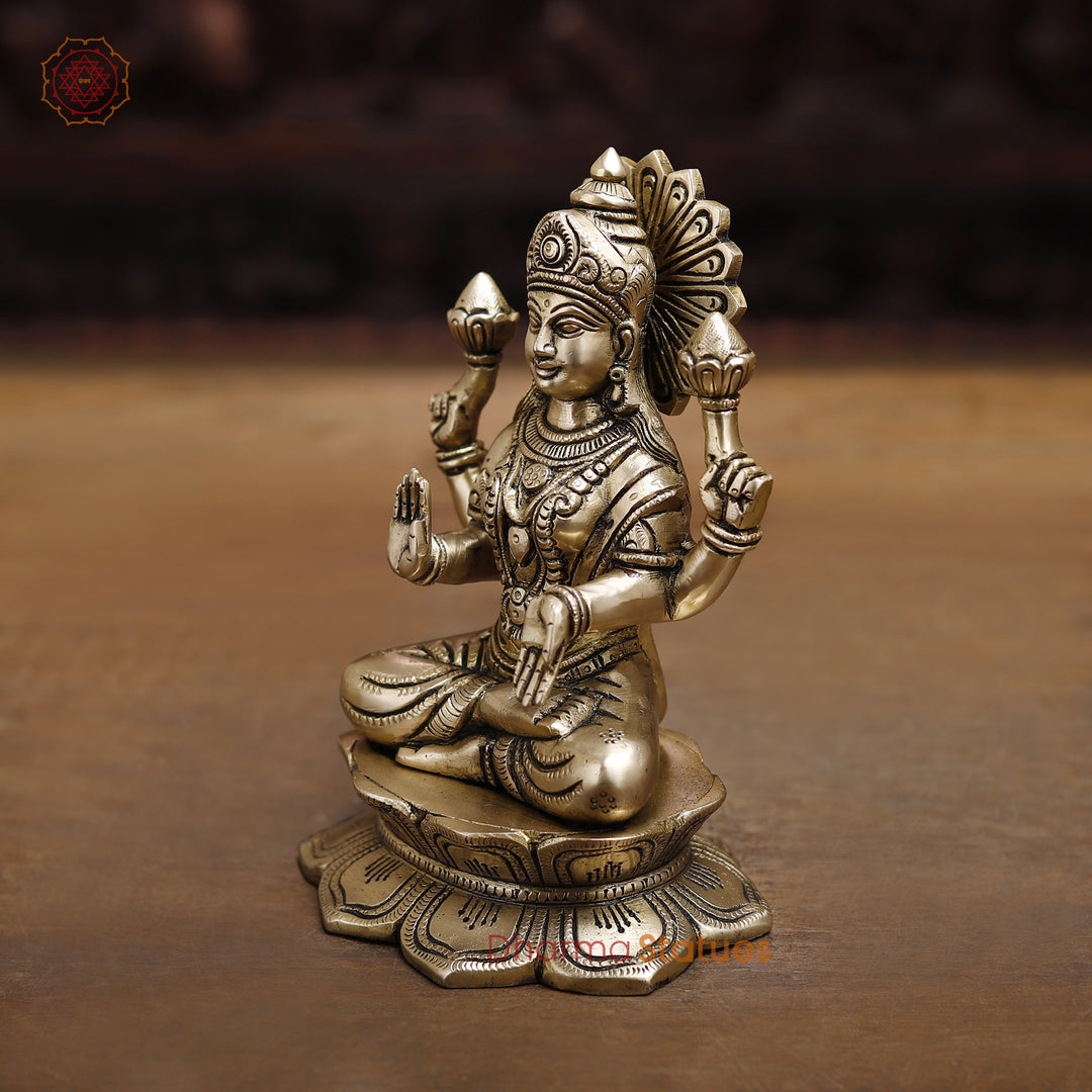 Goddess Lakshmi Brass Idol, Lotus Base, Goddess of Fortune, Golden Fine Finish 8"