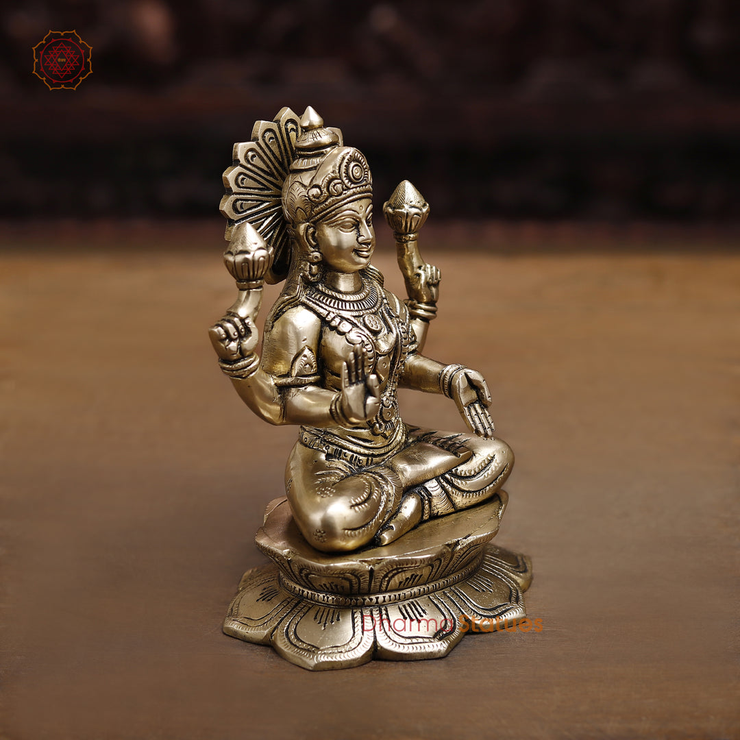 Goddess Lakshmi Brass Idol, Lotus Base, Goddess of Fortune, Golden Fine Finish 8"