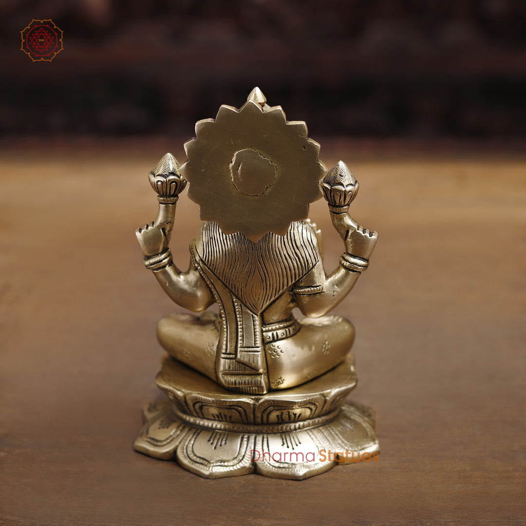 Goddess Lakshmi Brass Idol, Lotus Base, Goddess of Fortune, Golden Fine Finish 8"