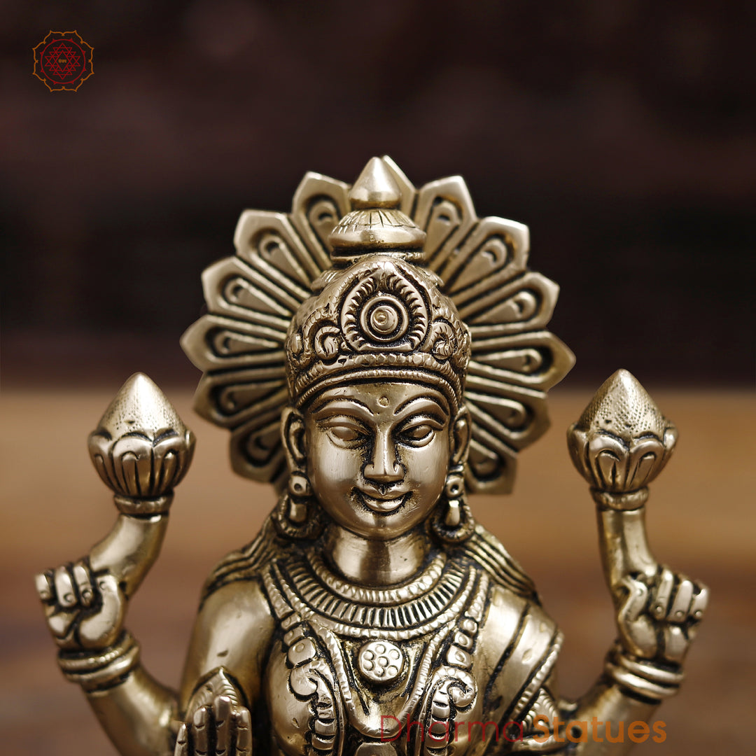 Goddess Lakshmi Brass Idol, Lotus Base, Goddess of Fortune, Golden Fine Finish 8"