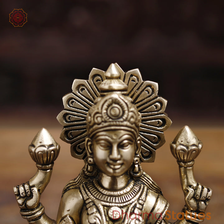 Goddess Lakshmi Brass Idol, Lotus Base, Goddess of Fortune, Golden Fine Finish 8"