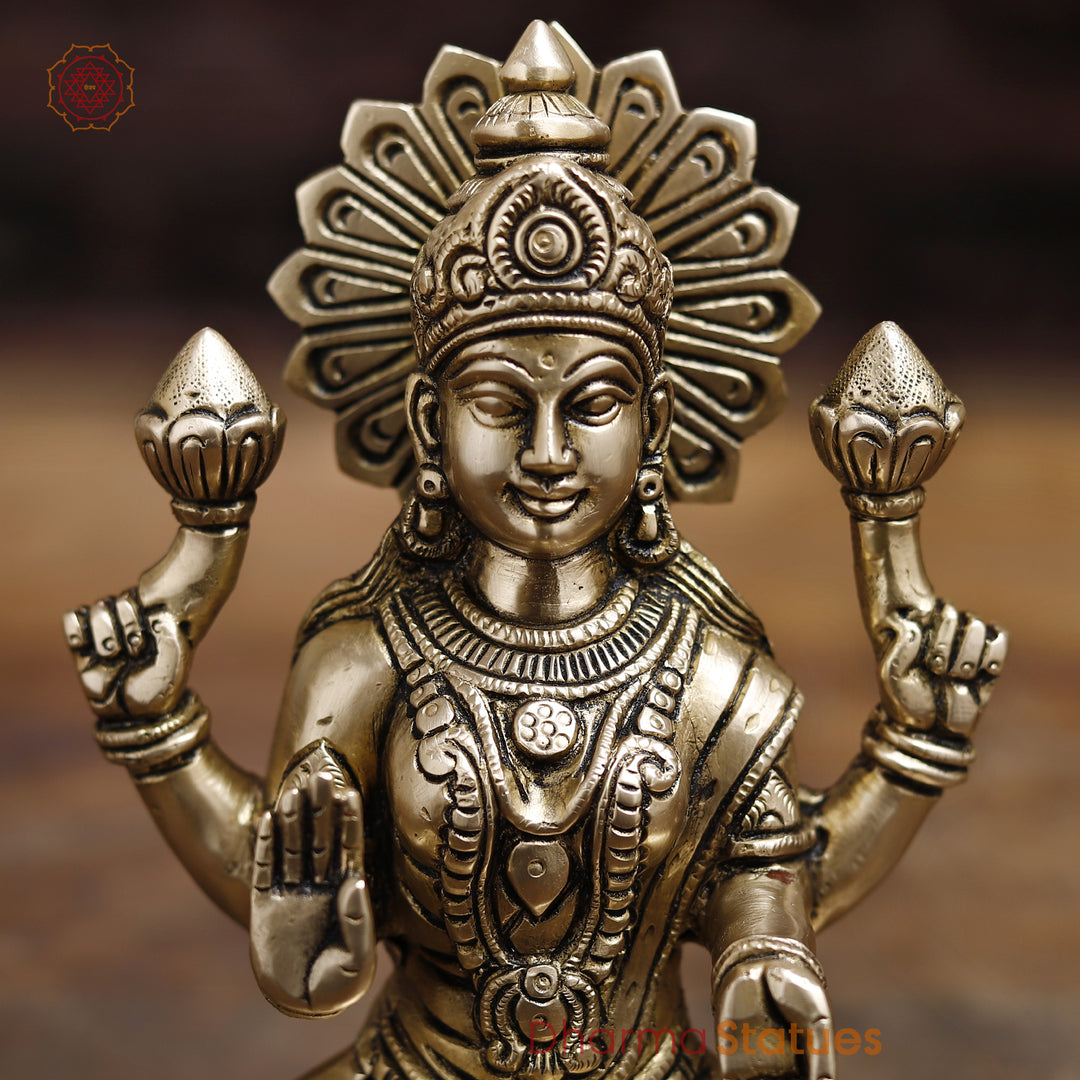 Goddess Lakshmi Brass Idol, Lotus Base, Goddess of Fortune, Golden Fine Finish 8"