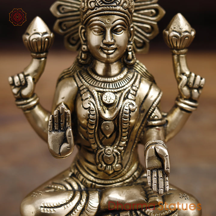 Goddess Lakshmi Brass Idol, Lotus Base, Goddess of Fortune, Golden Fine Finish 8"