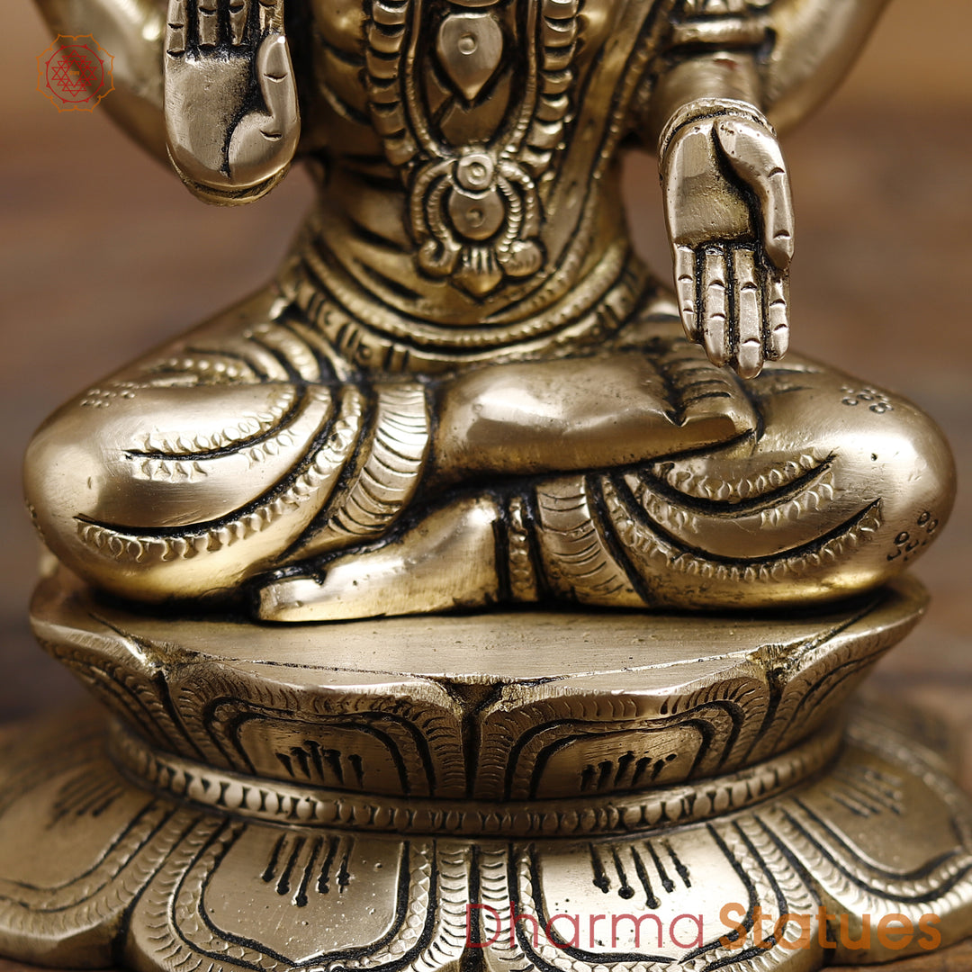 Goddess Lakshmi Brass Idol, Lotus Base, Goddess of Fortune, Golden Fine Finish 8"