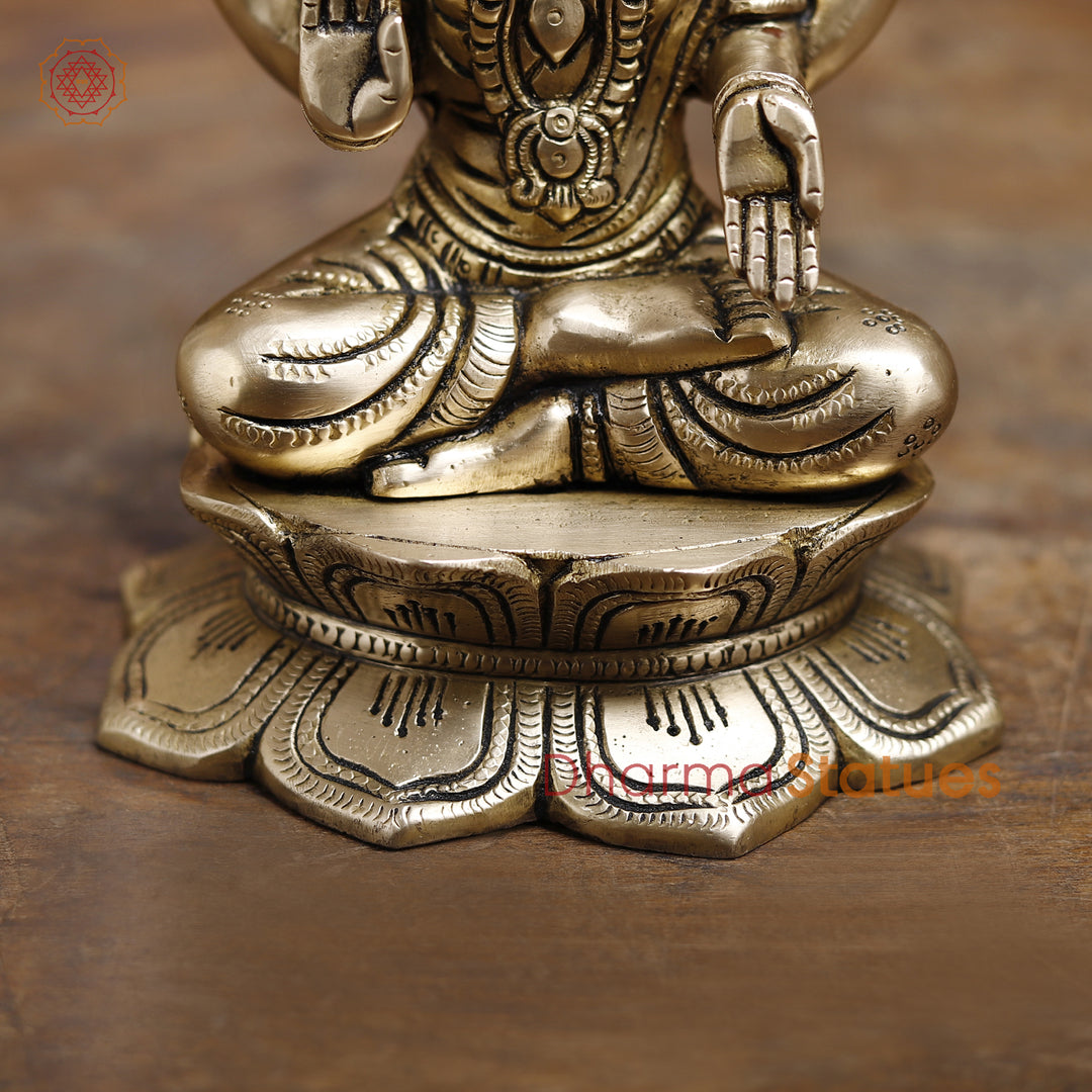 Goddess Lakshmi Brass Idol, Lotus Base, Goddess of Fortune, Golden Fine Finish 8"