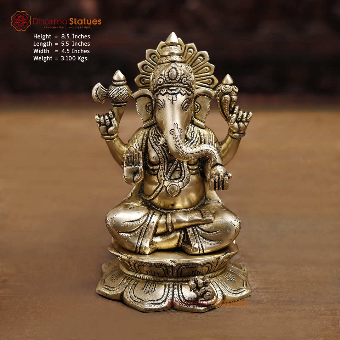 Brass Lord Ganesha Idol, Blessing Ganesha, Fine Golden Finish 8.5" Front View