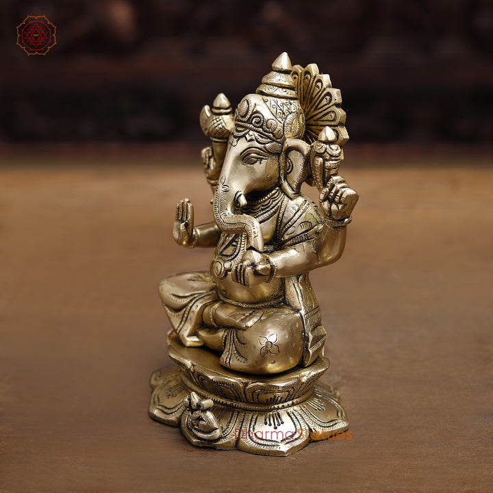 Brass Lord Ganesha Idol, Blessing Ganesha, Fine Golden Finish 8.5"