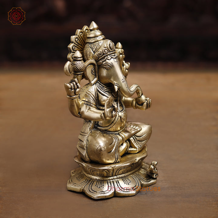 Brass Lord Ganesha Idol, Blessing Ganesha, Fine Golden Finish 8.5"