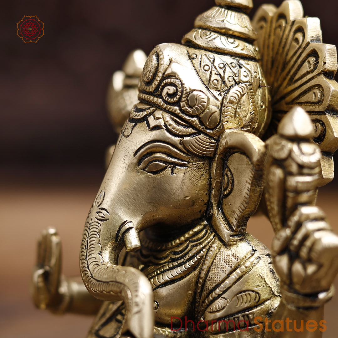 Brass Lord Ganesha Idol, Blessing Ganesha, Fine Golden Finish 8.5"