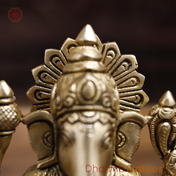 Brass Lord Ganesha Idol, Blessing Ganesha, Fine Golden Finish 8.5"