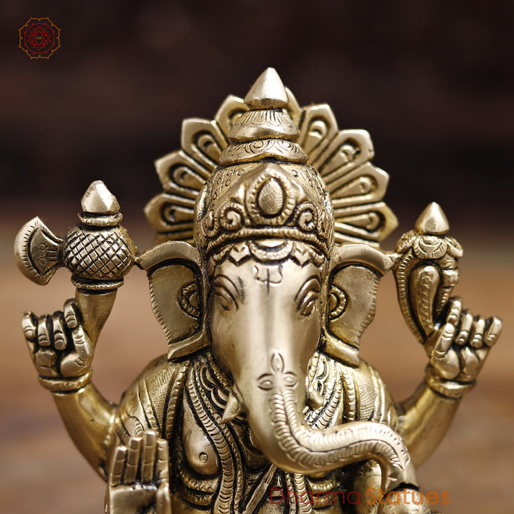 Brass Lord Ganesha Idol, Blessing Ganesha, Fine Golden Finish 8.5"