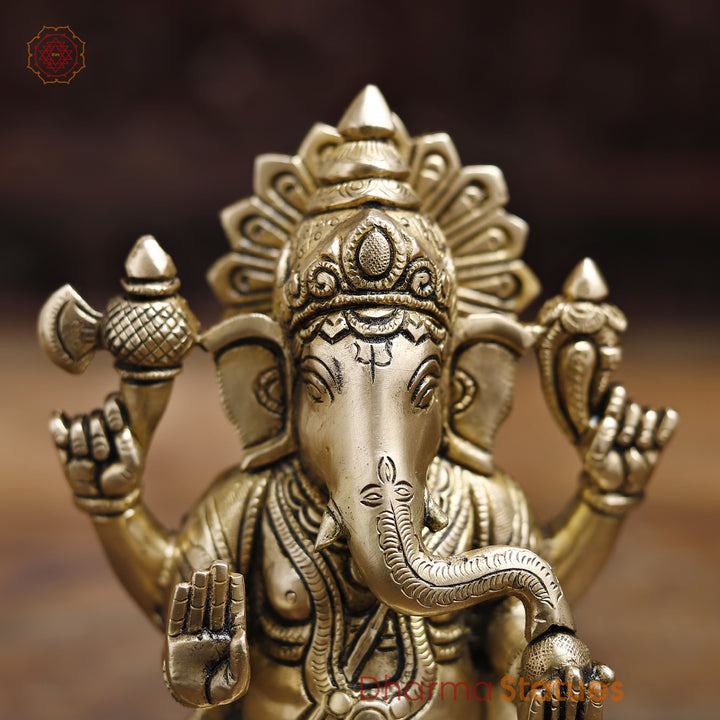 Brass Lord Ganesha Idol, Blessing Ganesha, Fine Golden Finish 8.5"