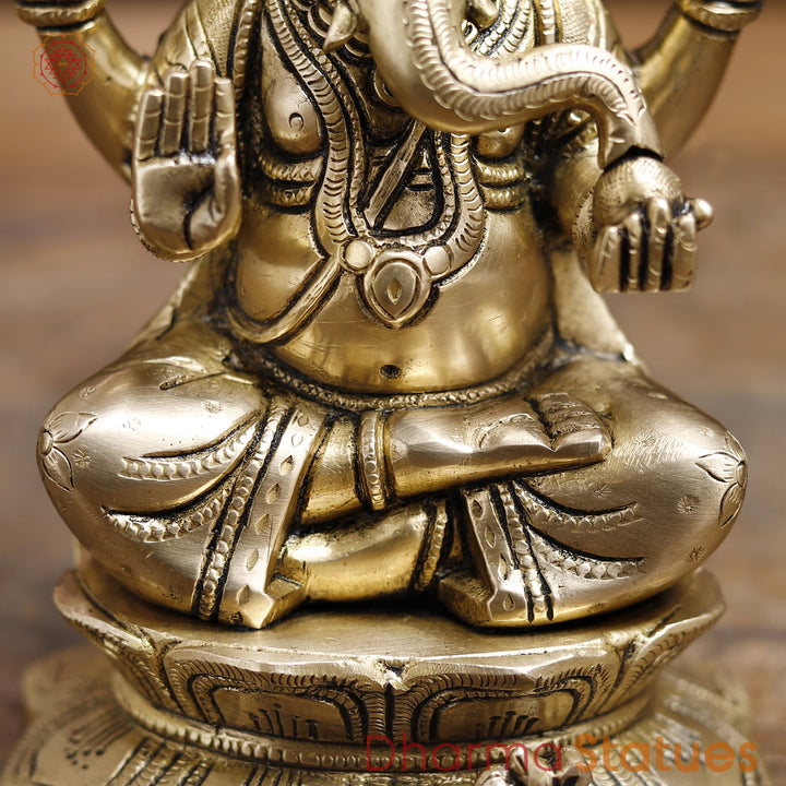 Brass Lord Ganesha Idol, Blessing Ganesha, Fine Golden Finish 8.5"