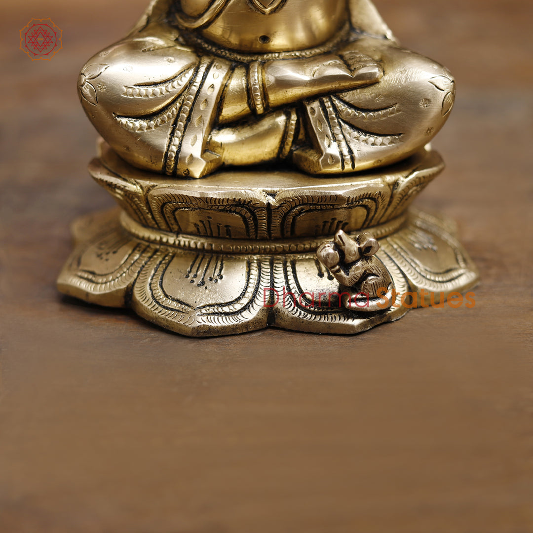 Brass Lord Ganesha Idol, Blessing Ganesha, Fine Golden Finish 8.5"