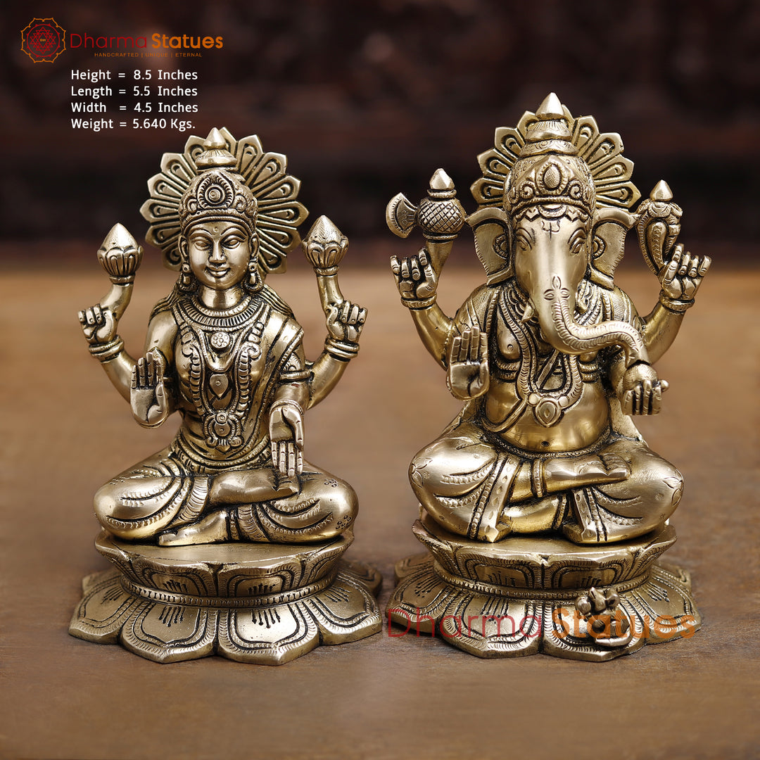 Lakshmi Ganesh Brass Idol, Lakshmi Ganesh Pair, Golden Fine Finish 8.5" Front View