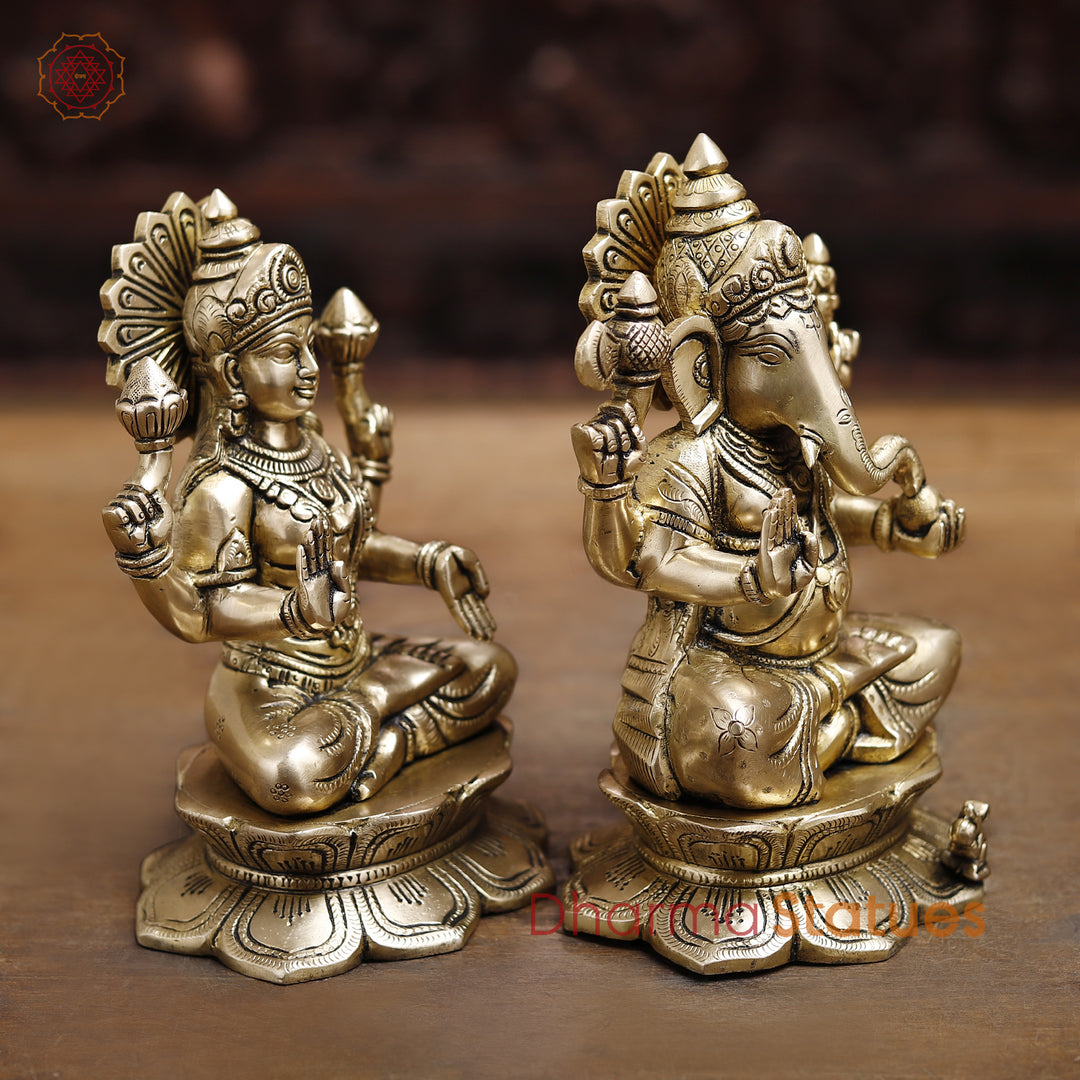 Lakshmi Ganesh Brass Idol, Divine Duo of Wealth and Success, Golden Fine Finish 8.5"