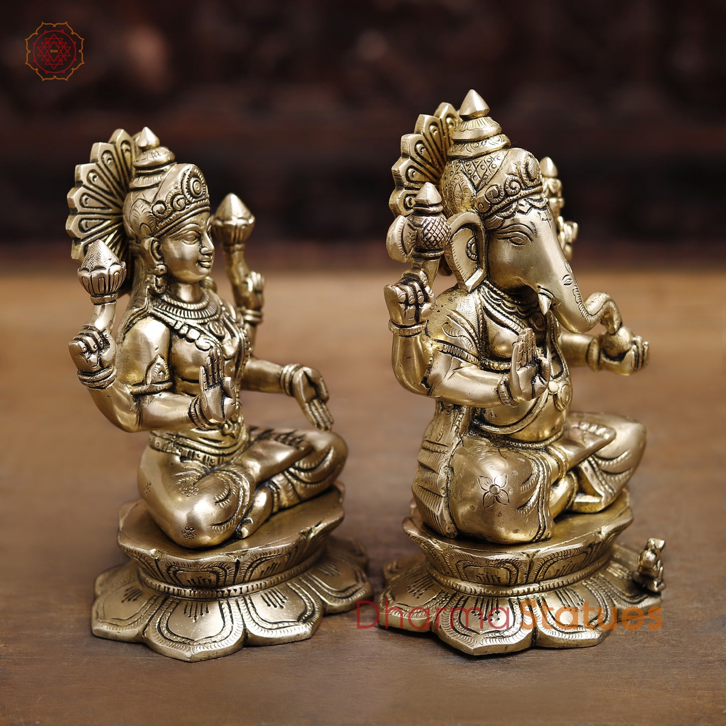 Lakshmi Ganesh Brass Idol, Divine Duo of Wealth and Success, Golden Fine Finish 8.5"