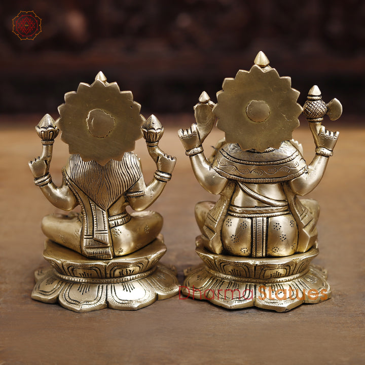 Lakshmi Ganesh Brass Idol, Divine Duo of Wealth and Success, Golden Fine Finish 8.5"