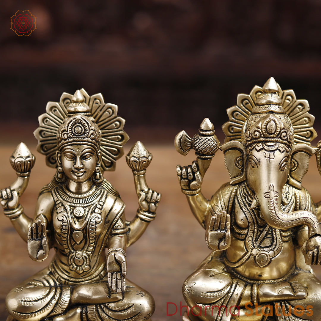 Lakshmi Ganesh Brass Idol, Divine Duo of Wealth and Success, Golden Fine Finish 8.5"