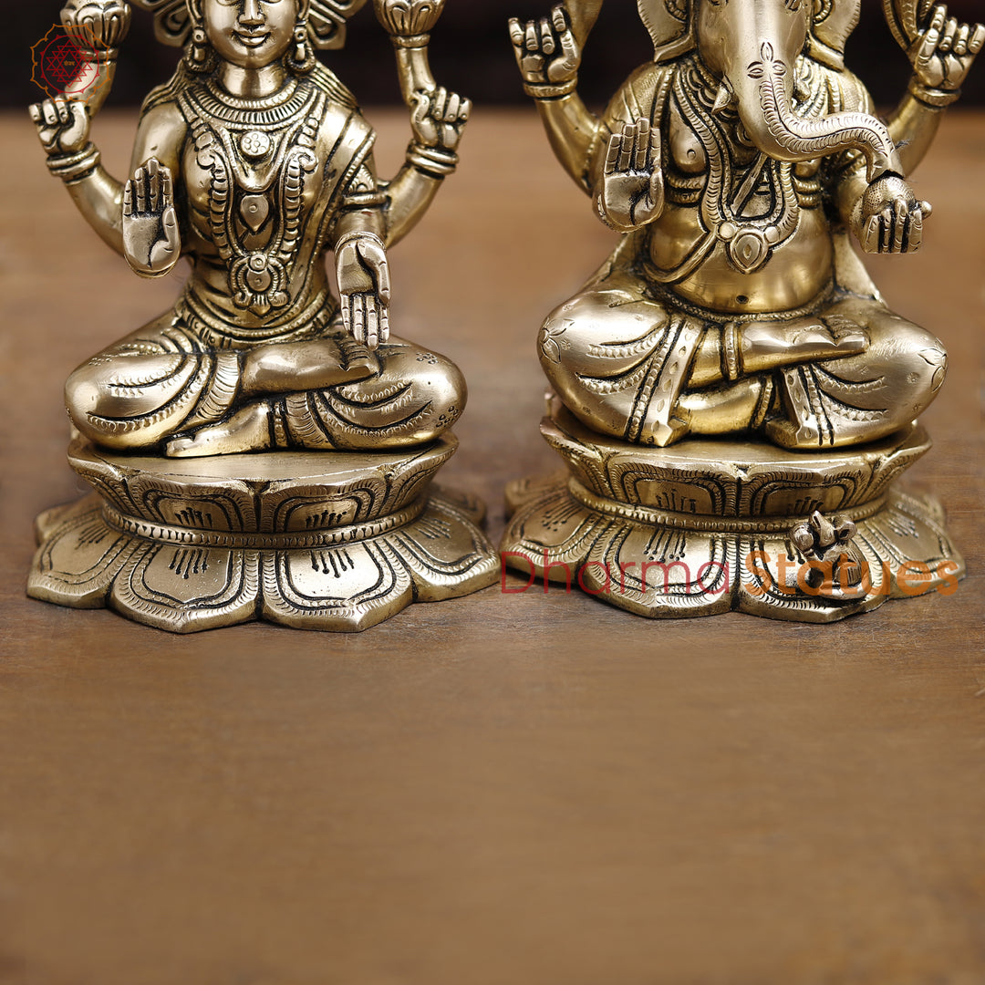 Lakshmi Ganesh Brass Idol, Divine Duo of Wealth and Success, Golden Fine Finish 8.5"