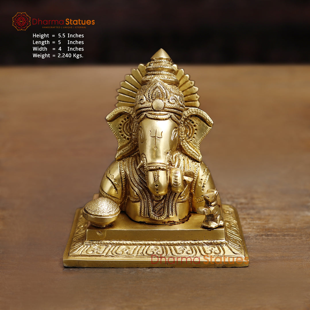 Brass Lord Ganesha Statue, Fine Golden Finish 5.5" Front View