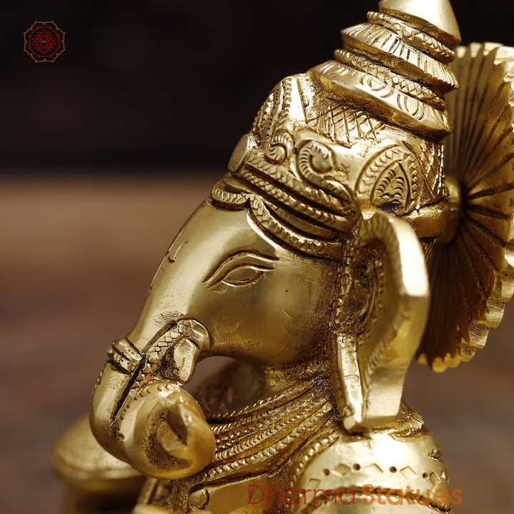 Brass Lord Ganesha Statue, Fine Golden Finish 5.5"