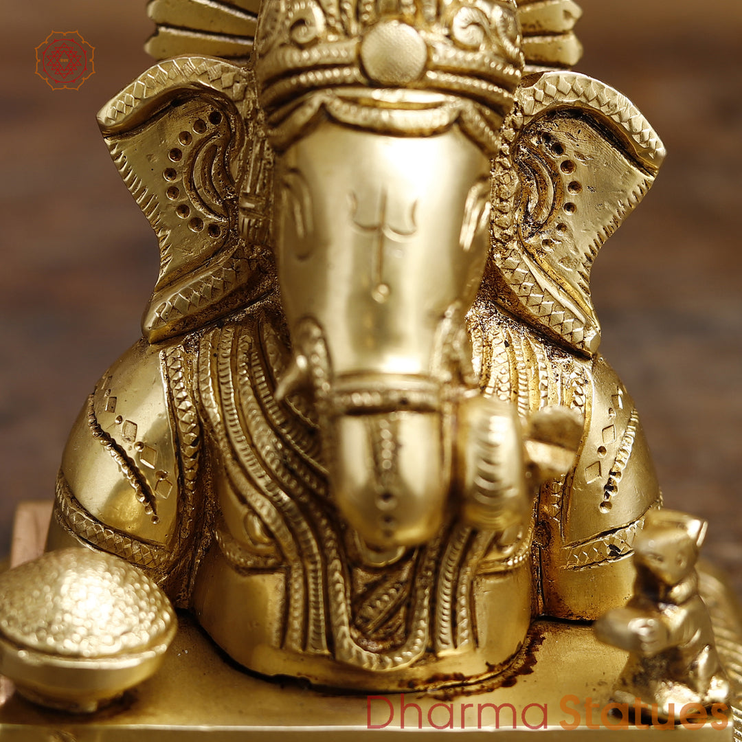 Brass Lord Ganesha Statue, Fine Golden Finish 5.5"