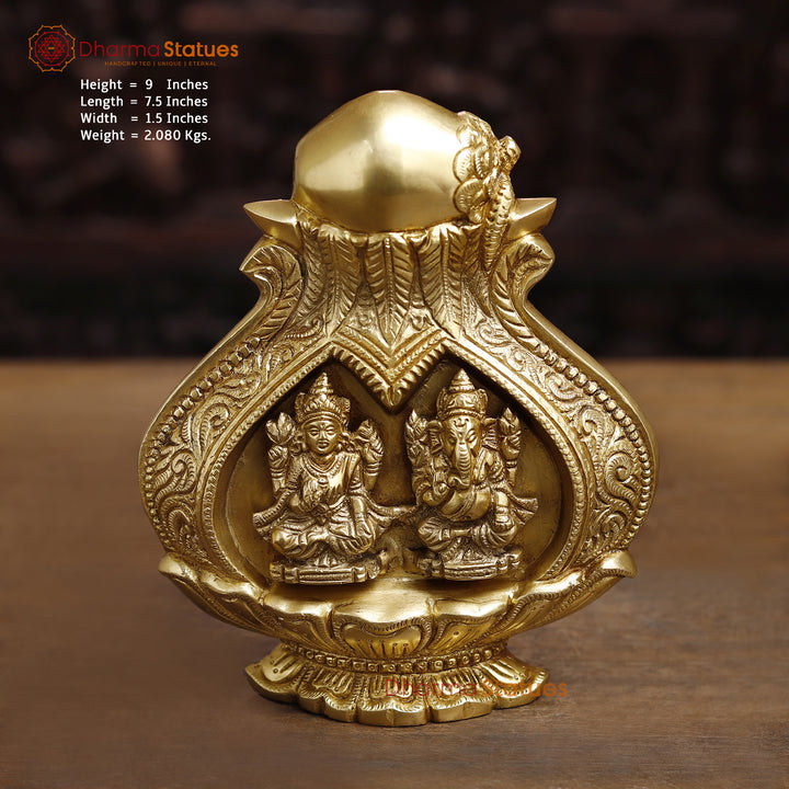 Brass Lakshmi Ganesh Engraved in Kalash, Fine Golden Finish 9" Front View