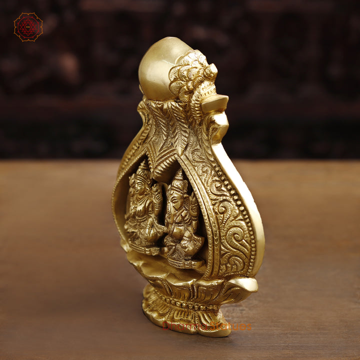 Brass Lakshmi Ganesh Engraved in Kalash, Inviting Prosperity and Fortune, Fine Golden Finish, 9"