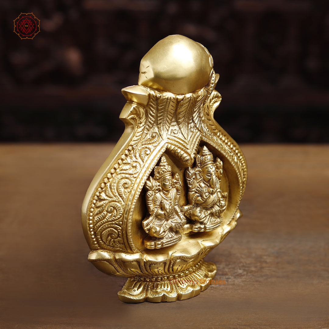 Brass Lakshmi Ganesh Engraved in Kalash, Inviting Prosperity and Fortune, Fine Golden Finish, 9"