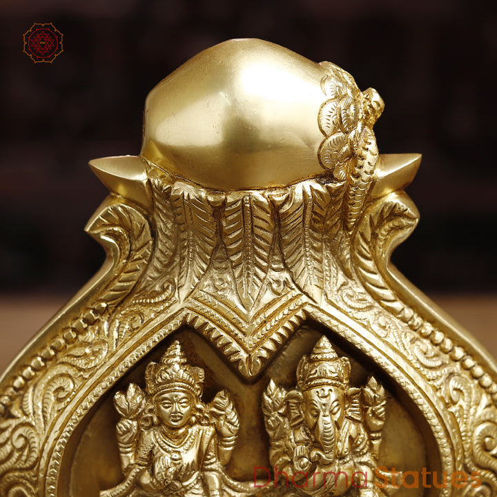 Brass Lakshmi Ganesh Engraved in Kalash, Inviting Prosperity and Fortune, Fine Golden Finish, 9"