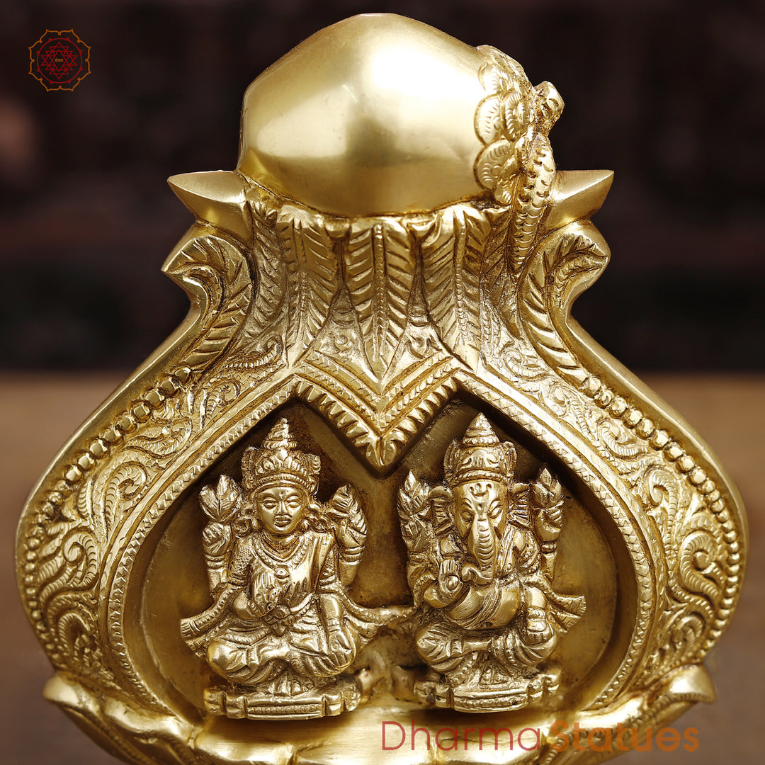 Brass Lakshmi Ganesh Engraved in Kalash, Inviting Prosperity and Fortune, Fine Golden Finish, 9"