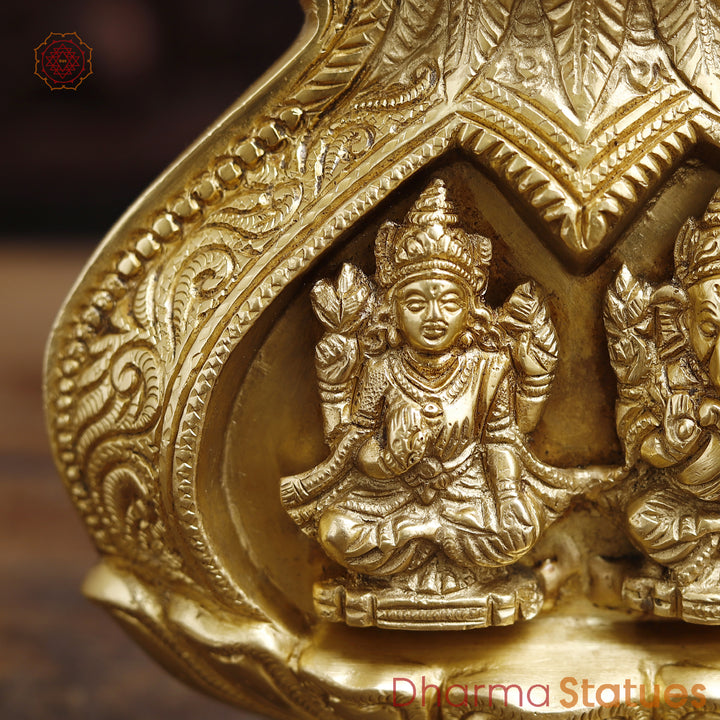 Brass Lakshmi Ganesh Engraved in Kalash, Inviting Prosperity and Fortune, Fine Golden Finish, 9"