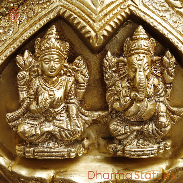 Brass Lakshmi Ganesh Engraved in Kalash, Inviting Prosperity and Fortune, Fine Golden Finish, 9"