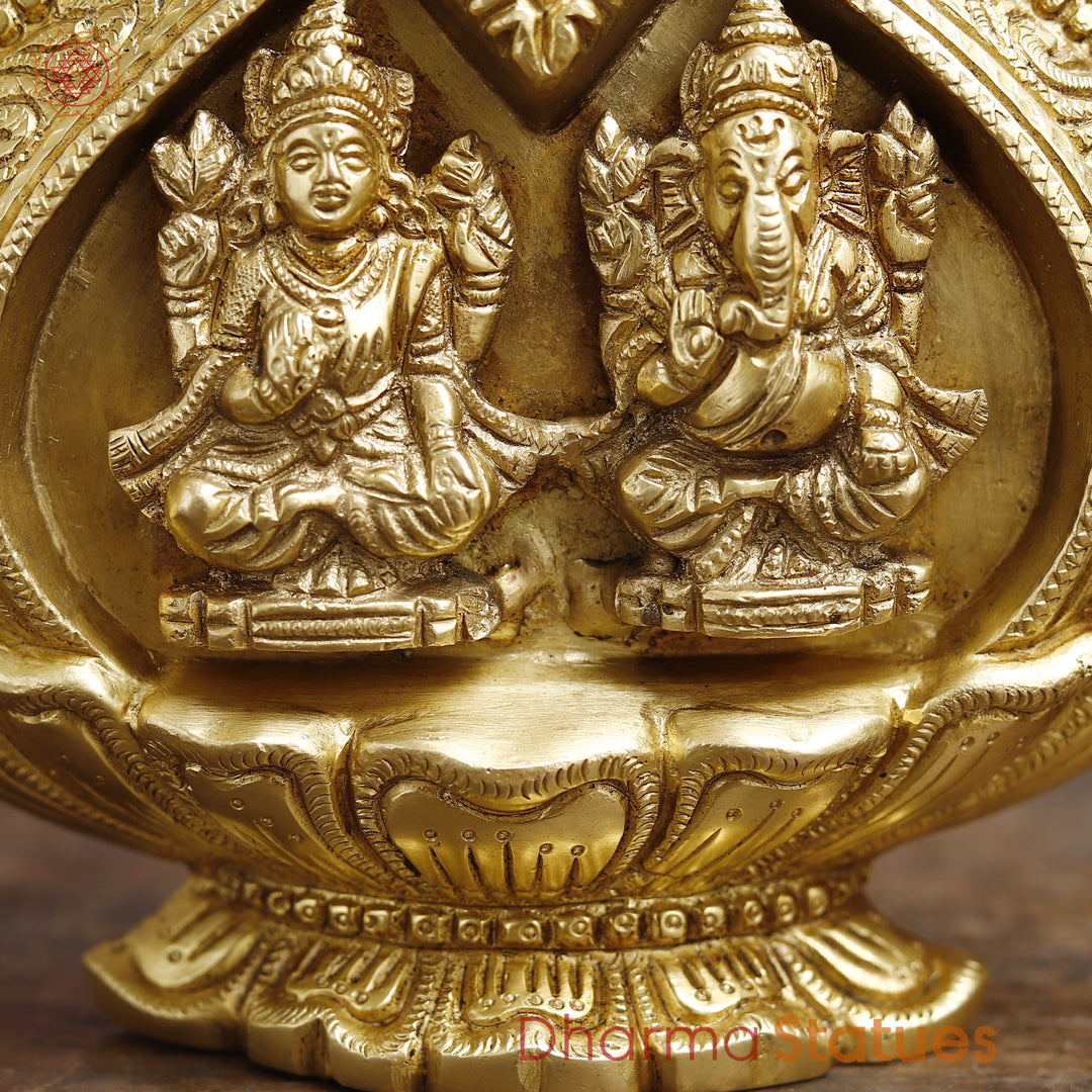 Brass Lakshmi Ganesh Engraved in Kalash, Inviting Prosperity and Fortune, Fine Golden Finish, 9"